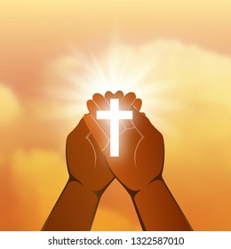 The Christian shining cross in palms. A prayer on heaven.Concept of a Christian holiday. Address to god, confession.Hope and repentance. Vector illustration.