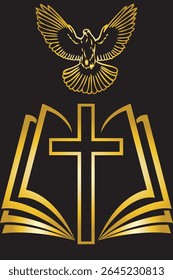 Christian shining golden cross and a dove symbol of the spirit on the background of an open book glowing with golden light a black background.Isolated; close-up.The design element