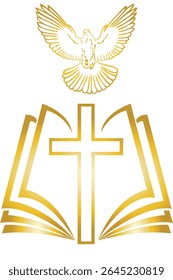 Christian shining golden cross and a dove symbol of the spirit on the background of an open book glowing with golden light a white background.Isolated; close-up.The design element