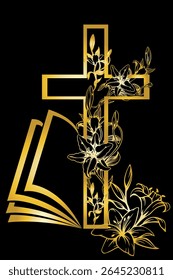Christian shining golden cross with lilies and golden lilies on the background of an open book glowing with a golden gradient on a black background.Isolated, close-up