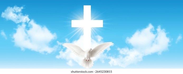 Christian shining white cross in the sky and a dove symbol of the spirit on a blue background of sky and clouds.Isolated, close-up