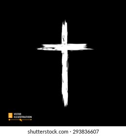 Christian sign. White grunge cross on black background. Vector illustration.