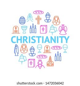 Christian Signs Thin Line Round Design Template Ad Include of Cross, Bible, Candle, Bell and Egg. Vector illustration of Icons