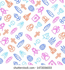 Christian Signs Thin Line Seamless Pattern Background on a White Include of Cross, Bible, Candle, Bell and Egg. Vector illustration of Icons