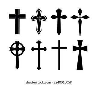 Christian silhouette cross isolated on white background. Collection of crosses Vector stock