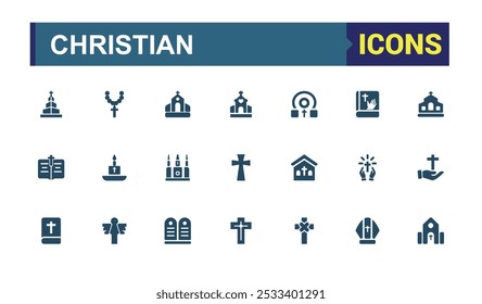 Christian solid symbols set. Related to christian religion, bible, pastor, worship, sacred filled icons collection. Editable and pixel perfect. Vector illustration.