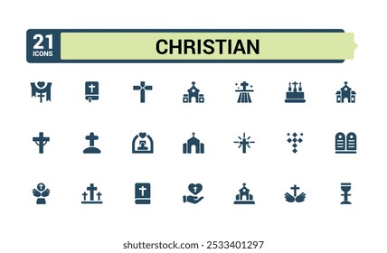 Christian solid symbols set. Related to christian religion, bible, pastor, worship, sacred filled icons collection. Editable and pixel perfect. Vector illustration.