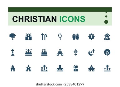 Christian solid symbols set. Related to christian religion, bible, pastor, worship, sacred filled icons collection. Editable and pixel perfect. Vector illustration.