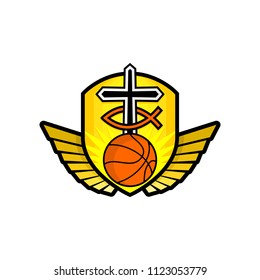 Christian sports logo. The golden shield, the cross of Jesus, the sign of the fish, the wings, and the basketball. Emblem for competition, ministry, conference, camp, seminar, etc.