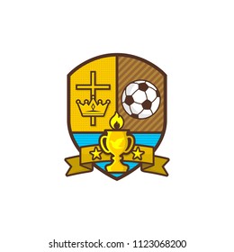 Christian sports logo. Shield, goblet, cross of Jesus, crown. Soccer ball. Emblem for competition, club, camp, tournament, ministry.