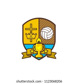 Christian sports logo. Shield, goblet, cross of Jesus, crown. Volleyball. Emblem for competition, club, camp, tournament, ministry.