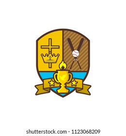 Christian sports logo. Shield, goblet, cross of Jesus, crown. A baseball and a bat. Emblem for competition, club, camp, tournament, ministry.