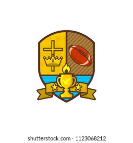 Christian sports logo. Shield, goblet, cross of Jesus, crown. The ball of rugby. Emblem for competition, club, camp, tournament, ministry.