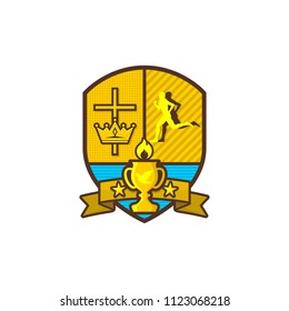 Christian sports logo. Shield, goblet, cross of Jesus, crown. Running Man. Emblem for competition, club, camp, tournament, ministry.