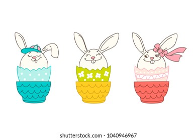 Christian spring holidays greeting card with hand drawn Easter bunny and eggs. Perfect vector design elements for invitation, banner, and postcard