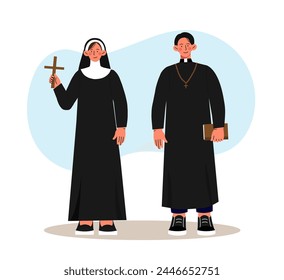 Christian staff concept. Man and woman in black robes with cross. Catholicism and christianity. Religion and faith, belief. Prayers and sermons, preachers. Cartoon flat vector illustration