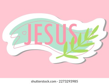 Christian sticker. Jesus sticker. Easter illustration.Palm Sunday.Palm branch. The entry of jesus into jerusalem. 