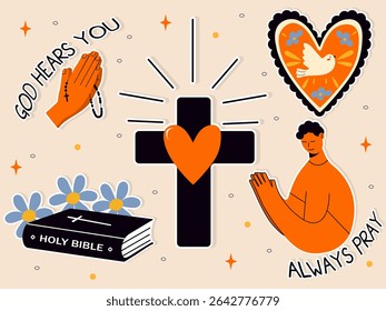 Christian sticker set. A set of christian signs and symbols. Easter sticker pack. Vector illustration