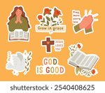 Christian Stickers Set. Bible, Hands Folded in Prayer, Peace Dove, Cross. Religious Signs and Symbols. Vector Illustration.