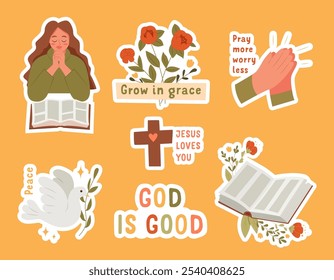 Conjunto de pegatinas cristianas. Biblia, Manos Dobladas en Oración, Paloma de la Paz, Cruz. Signos y símbolos religiosos. Ilustración vectorial.