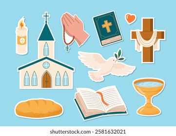 Christian stickers set. Hands with red rosary with cross, dove with branch, cathedral, church, candle and bible. Christianity and Catholicism. Flat vector collection isolated on blue background