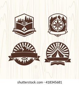 Christian summer camp badges logos and labels for any use, on wooden background texture