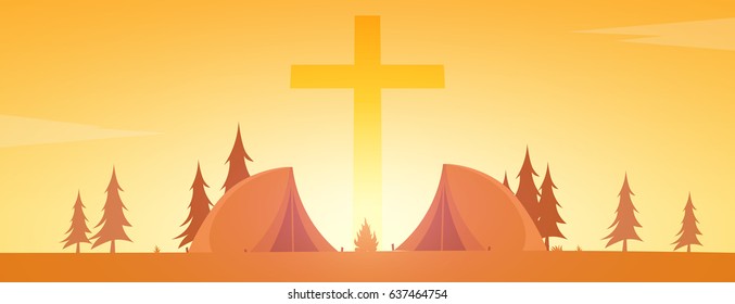 Christian summer camp. Evening Camping. Cross Vector illustration