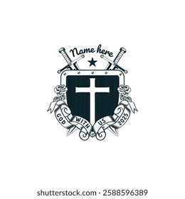 Christian Swords And Shield With Flower Tattoo, Christian Sword Logo, Christian arms, illustration Isolated Black And White vector logo image. 