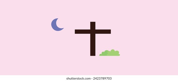 christian symbol background purple cross with moon and grass bush purple color in easter theme