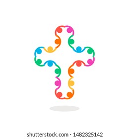 Christian symbol, colorful connection people cross icon. Church logo template. Isolated vector illustration.