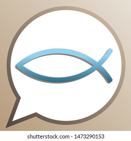 Christian symbol fish sign. Bright cerulean icon in white speech balloon at pale taupe background. Illustration.