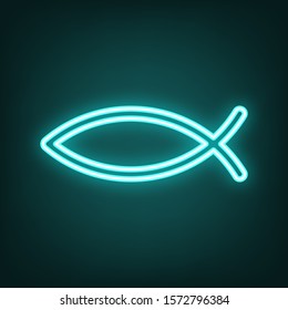 Christian symbol fish sign. Cyan neon icon in the dark. Bluring. Luminescence. Illustration.