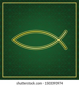 Christian symbol fish sign. Golden icon with gold contour at dark green gridded white background. Illustration.