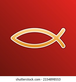 Christian symbol fish sign. Golden gradient Icon with contours on redish Background. Illustration.