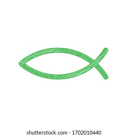 Christian symbol fish sign. Green scribble Icon with solid contour on white background. Illustration.