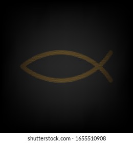 Christian symbol fish sign. Icon as grid of small orange light bulb in darkness. Illustration.