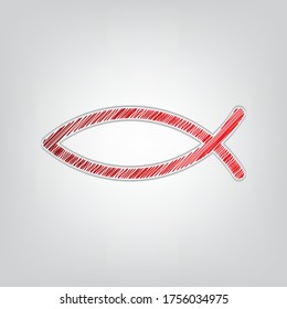 Christian symbol fish sign. Red gradient scribble Icon with artistic contour gray String on light gray Background. Illustration.