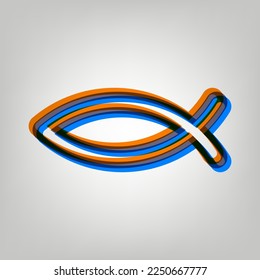 Christian symbol fish sign. Stroked Icon in orange, azure and old lavender Colors at gray Background. Illustration.
