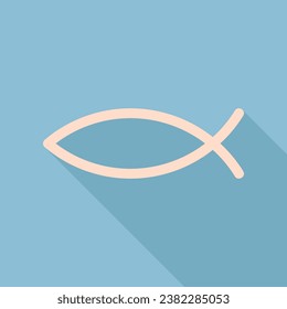 Christian symbol fish sign. Unbleached silk Icon with very long shadow at dark sky blue background. Illustration.