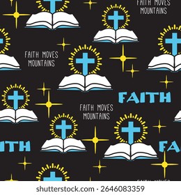 Christian Symbol Holy Bible and Glow Cross Pattern. This seamless design is ideal for use in digital and print media, including textiles, wallpapers, and stationery.
