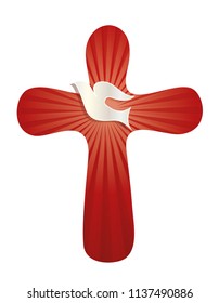 Christian symbol with isolated vector rounded cross with dove and luminous rays on red background