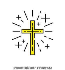 Christian symbol. Religious cross line icon. Yellow Catholic crucifix sign. Vector illustration.