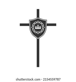 Christian symbol. Vector logo. Cross of Jesus Christ and a shield depicting a crown of thorns