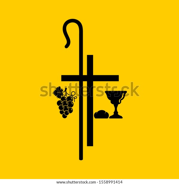Christian symbols. Communion bowl with wine, bread\
and shepherd\'s\
staff.