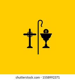 Christian symbols. The cross of Jesus, the cup of communion and the staff of the shepherd.