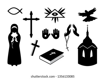 Christian symbols icon set vector. Black and white Religion icons. Silhouette of Christian symbols. Set of religious objects. Collection of icons of Christianity. Religious elements