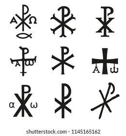 Christian symbols icons set. Glossy Chi Rho, Christogram, Chrismon, Labarum symbols set.
