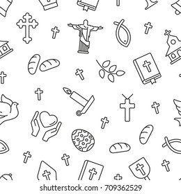 Christian symbols seamless pattern. Tiling textures with thin line black and white icon set
