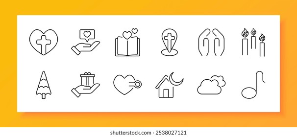 Christian symbols set icon. Heart with cross, helping hand, holy book, candle, prayer hands, church, gift, moon, house, sky, music note. Icons representing symbols and elements of Christianity faith