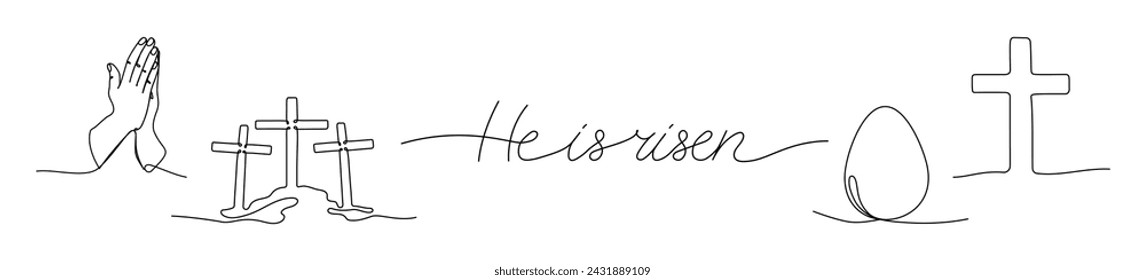 Christian symbols set one continuous line vector illustration. Praying hands, three crosses, Easter egg isolated on transparent background. Faith, religion, hope rescue concept